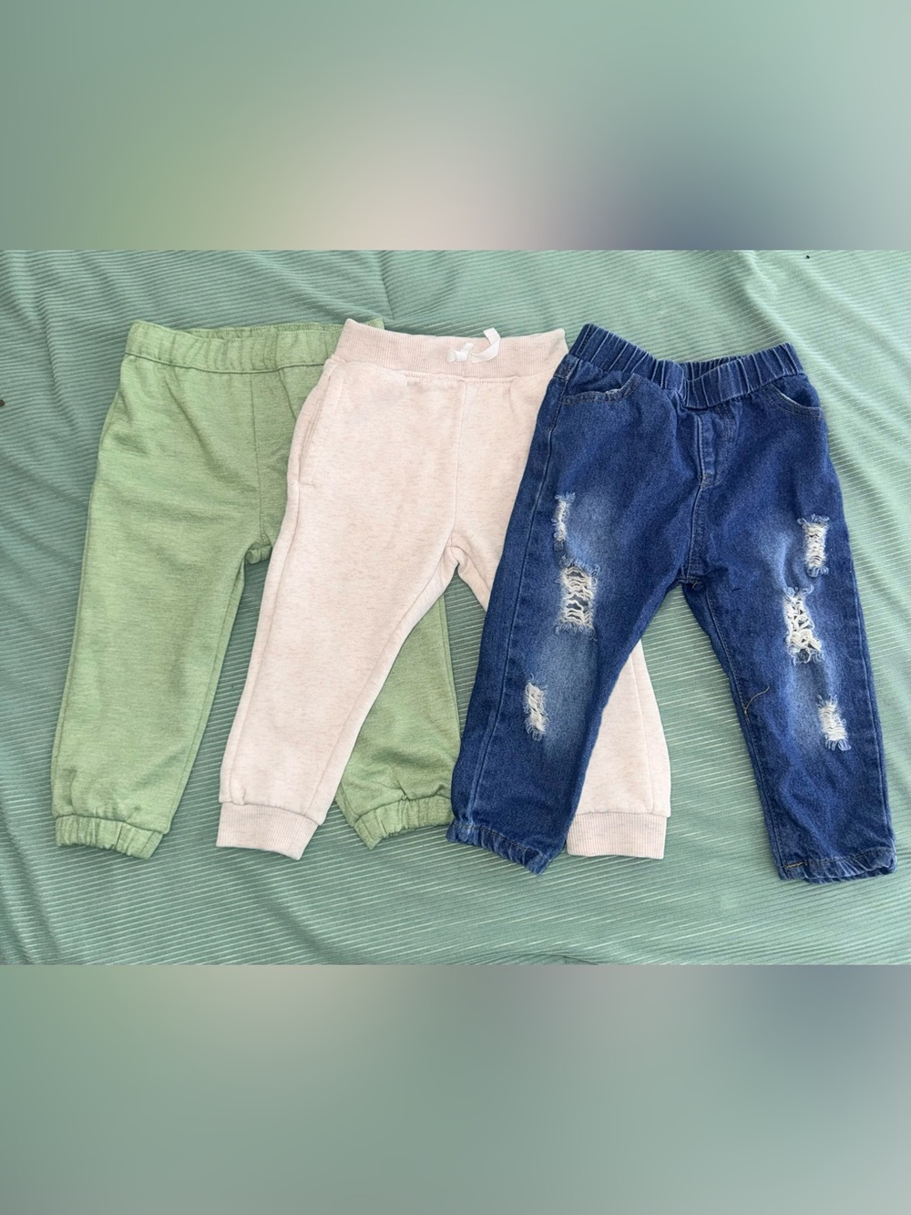 Toddler Pants Trio - Green Khaki/Beige Joggers/Distressed Blue Jeans - 24 months